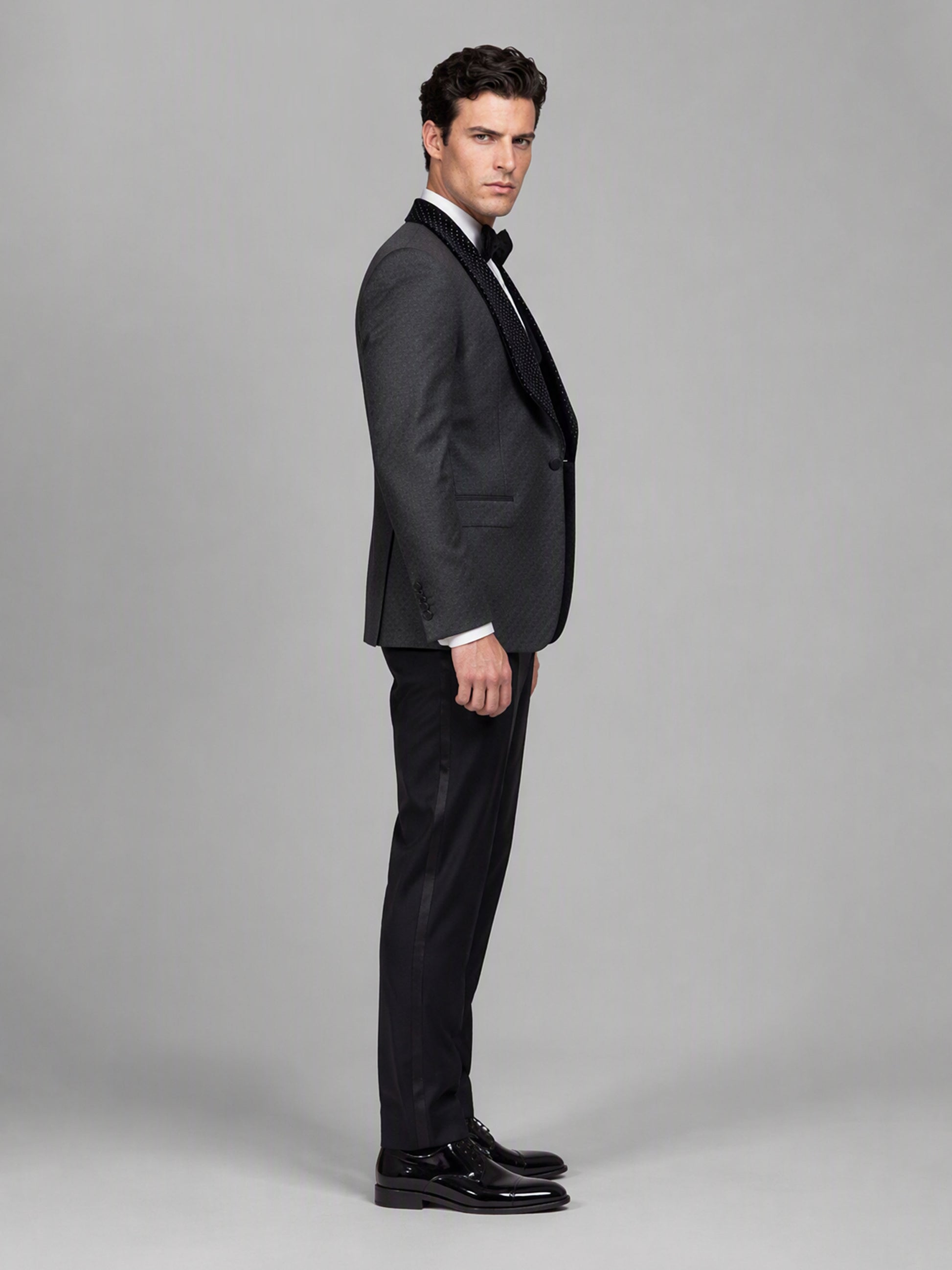 Savile GA0163 Men's Black Jacquard Crystal Shawl Lapel Tuxedo – Side Profile View with Black Patent Oxford Shoes
