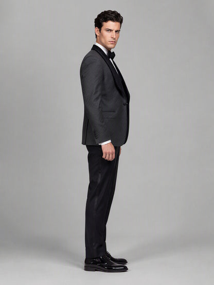 Savile GA0163 Men's Black Jacquard Crystal Shawl Lapel Tuxedo – Side Profile View with Black Patent Oxford Shoes