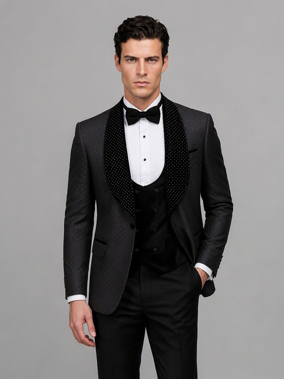 Savile GA0163 Men's Black Jacquard Crystal Shawl Lapel Tuxedo – Back View with Black Oxford Shoes