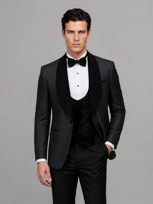 Savile GA0163 Men's Black Jacquard Crystal Shawl Lapel Tuxedo – Back View with Black Oxford Shoes
