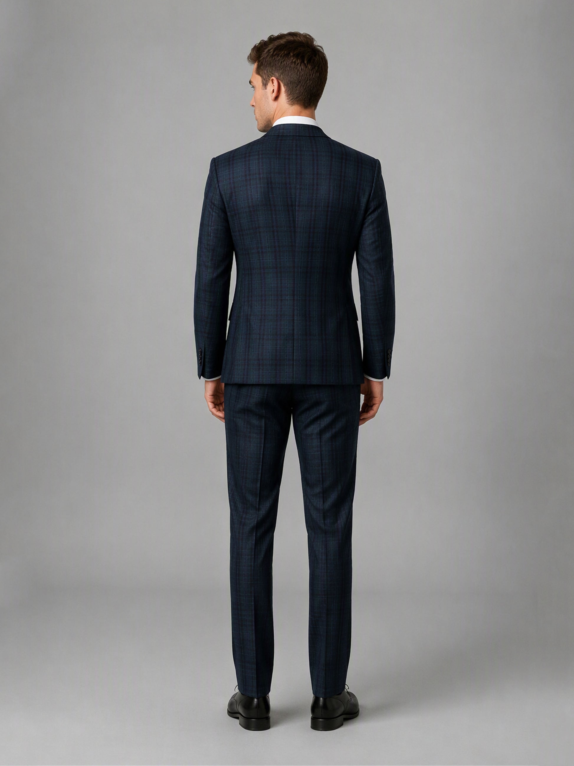 Savile GA0164 Men's Navy Blue Windowpane Check 3-Piece Suit – Front Full Body View with Navy Tie & Black Oxford Shoes