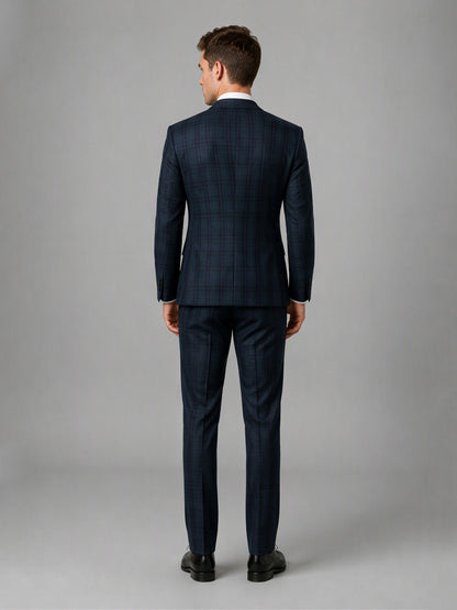 Savile GA0164 Men's Navy Blue Windowpane Check 3-Piece Suit – Front Full Body View with Navy Tie & Black Oxford Shoes