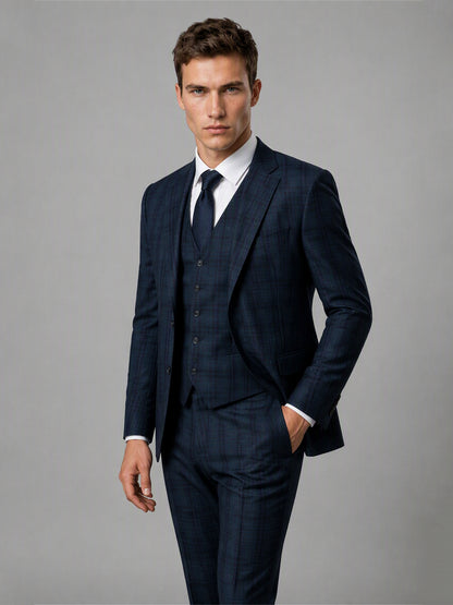 Savile GA0164 Men's Navy Blue Windowpane Check 3-Piece Suit – Front Close-Up with Vest, Navy Tie & Windowpane Check Detail