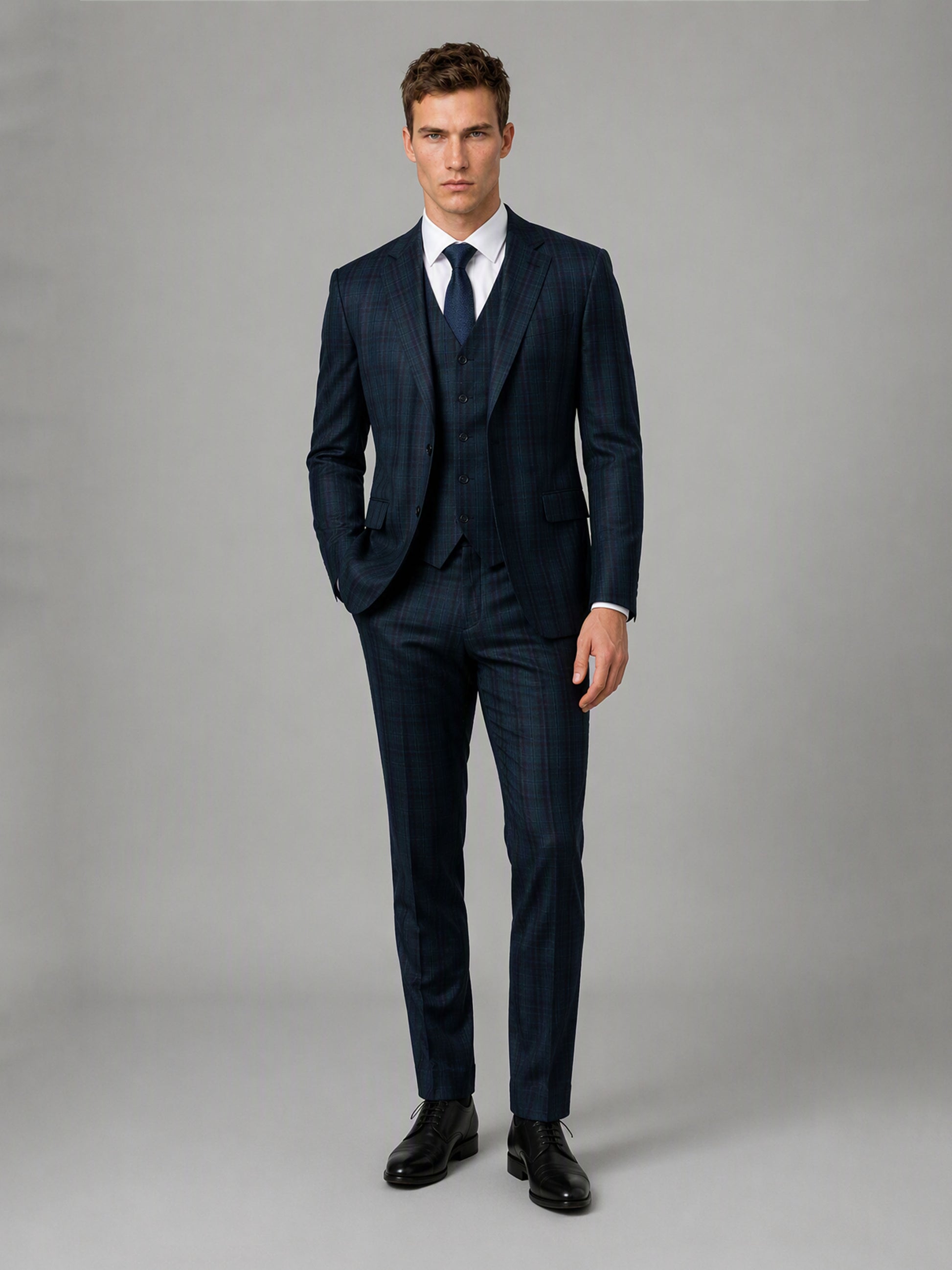 Savile GA0164 Men's Navy Blue Windowpane Check 3-Piece Suit – Back View with Black Oxford Shoes