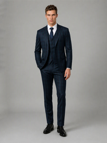 Savile GA0164 Men's Navy Blue Windowpane Check 3-Piece Suit – Back View with Black Oxford Shoes