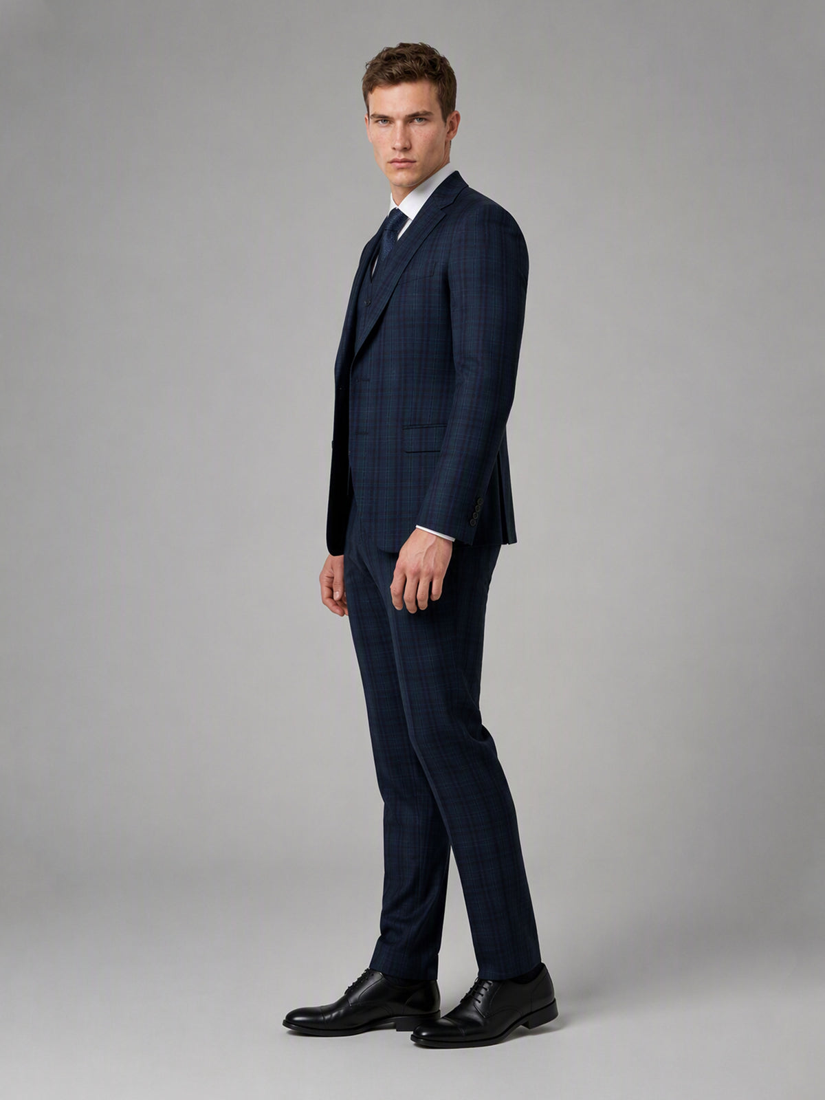 Savile GA0164 Men's Navy Blue Windowpane Check 3-Piece Suit – Front Full Body View Hands in Pockets with Navy Tie