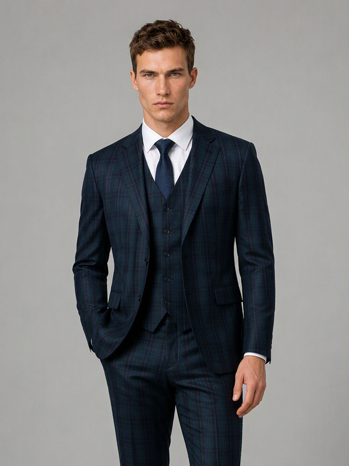Savile GA0164 Men's Navy Blue Windowpane Check 3-Piece Suit – Front Full Body View Walking Pose with Dotted Navy Tie
