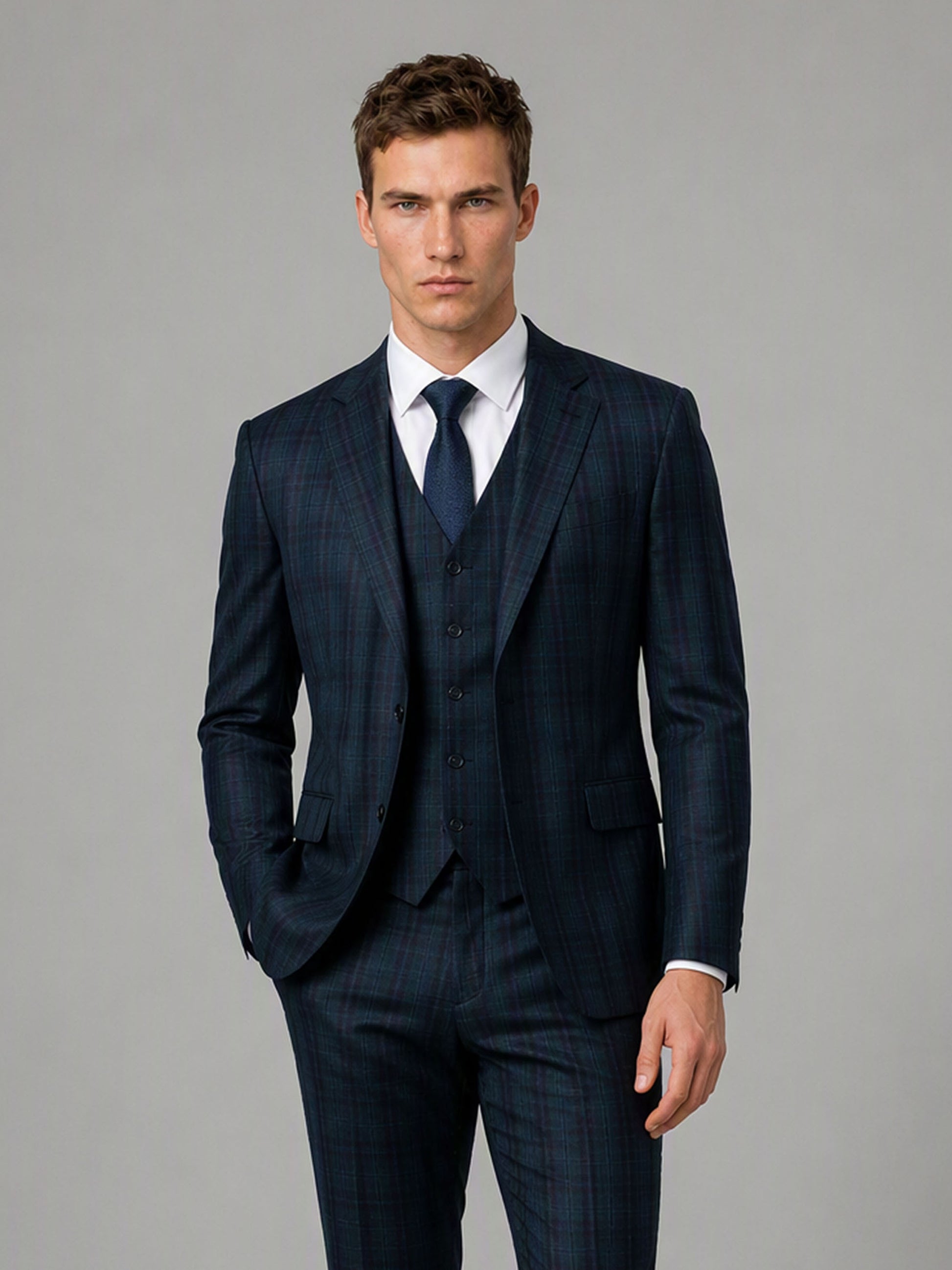 Savile GA0164 Men's Navy Blue Windowpane Check 3-Piece Suit – Front Full Body View Walking Pose with Dotted Navy Tie