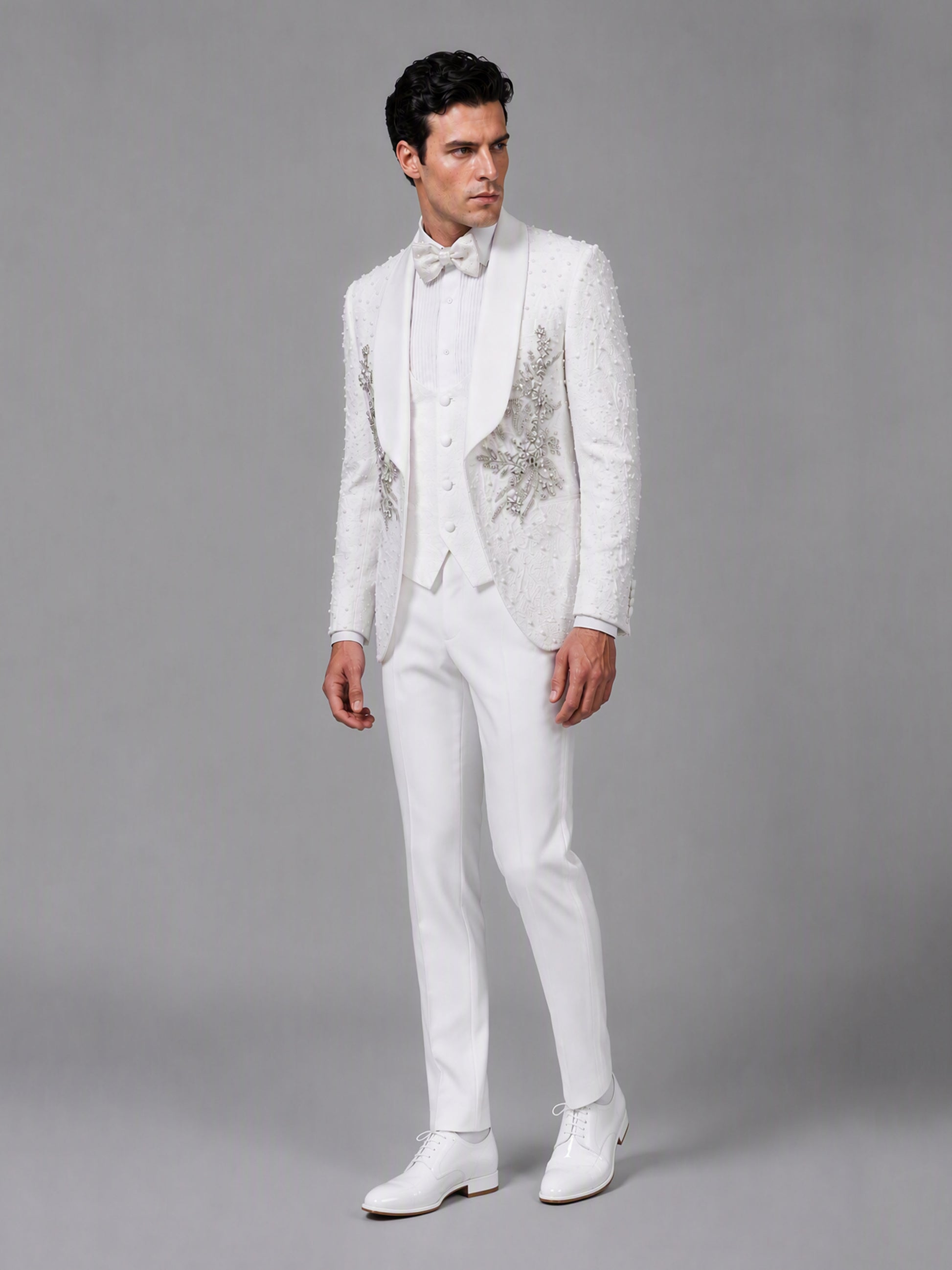 Savile GA0165 Men's Ivory Pearl & Crystal Floral Wedding Tuxedo – 3/4 Angle Front View Showing Pearl Blazer & Double-Breasted Vest