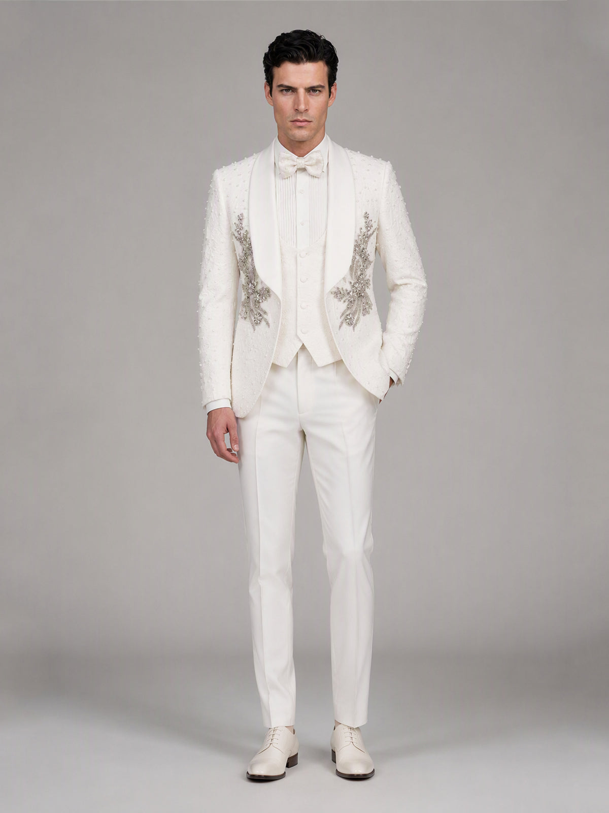 Savile GA0165 Men's Ivory Pearl & Crystal Floral Wedding Tuxedo – Front Full Body View with Cream Bow Tie & White Oxford Shoes