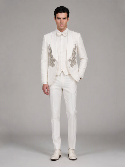 Savile GA0165 Men's Ivory Pearl & Crystal Floral Wedding Tuxedo – Front Full Body View with Cream Bow Tie & White Oxford Shoes