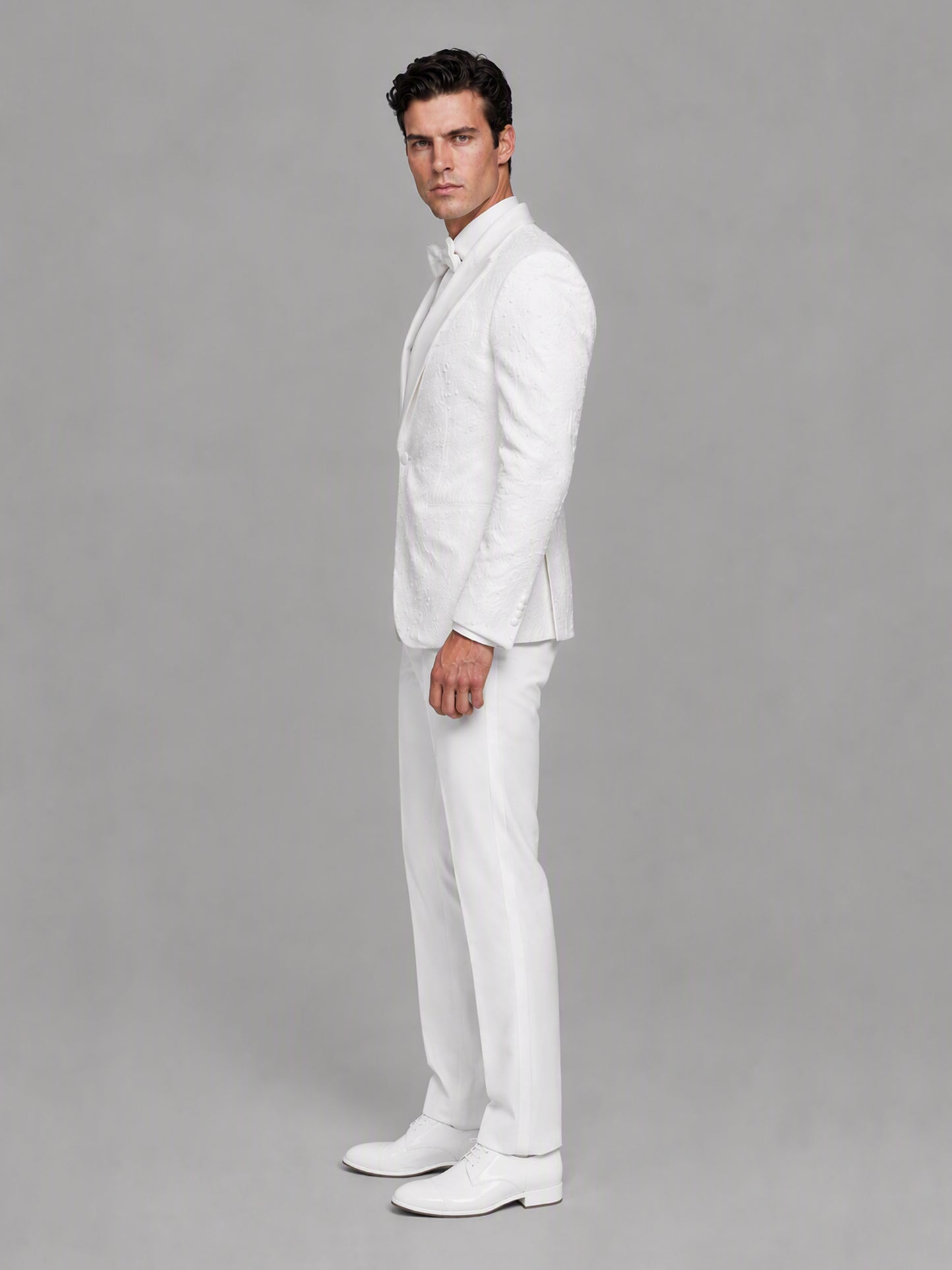 Savile GA0165 Men's Ivory Pearl & Crystal Floral Wedding Tuxedo – Side Profile View with White Oxford Shoes