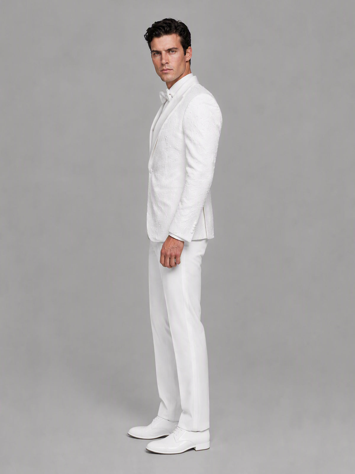 Savile GA0165 Men's Ivory Pearl & Crystal Floral Wedding Tuxedo – Side Profile View with White Oxford Shoes