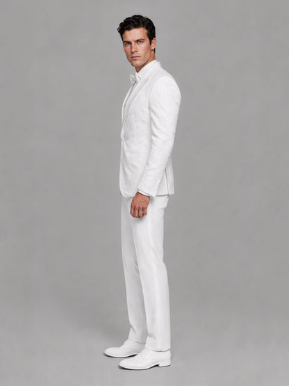 Savile GA0165 Men's Ivory Pearl & Crystal Floral Wedding Tuxedo – Side Profile View with White Oxford Shoes