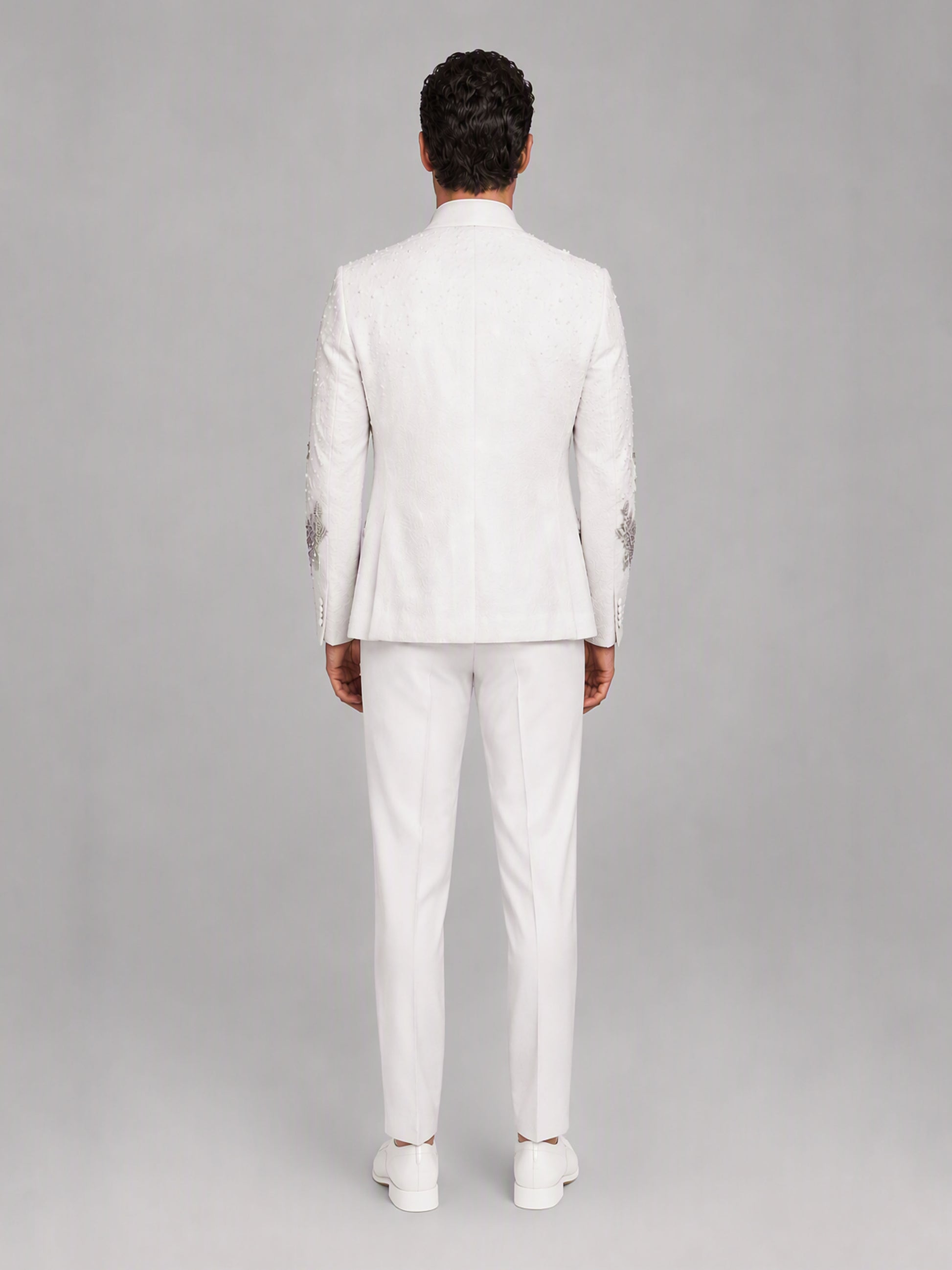 Savile GA0165 Men's Ivory Pearl & Crystal Floral Wedding Tuxedo – Back View Showing Pearl & Crystal Cuff Embellishment