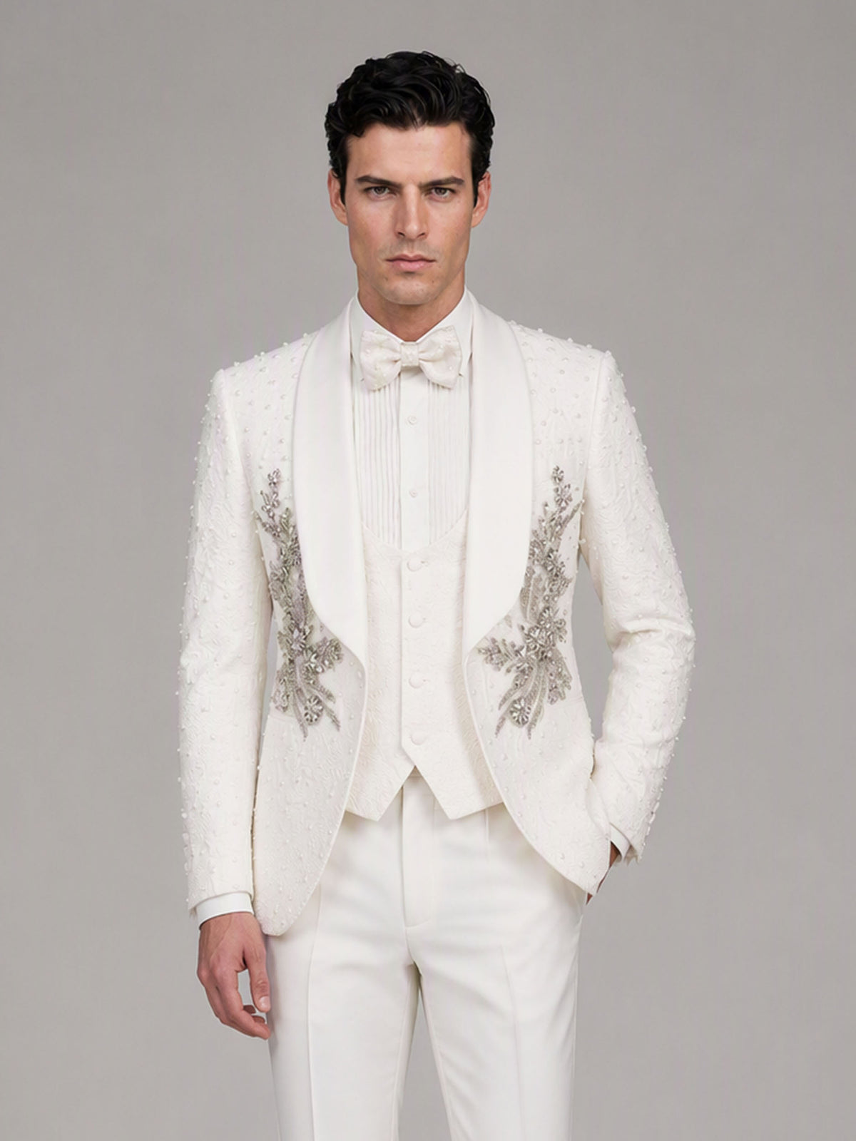 Savile GA0165 Men's Ivory Pearl & Crystal Floral Wedding Tuxedo – Front Close-Up with Crystal Floral Appliqué, Vest & Bow Tie Detail