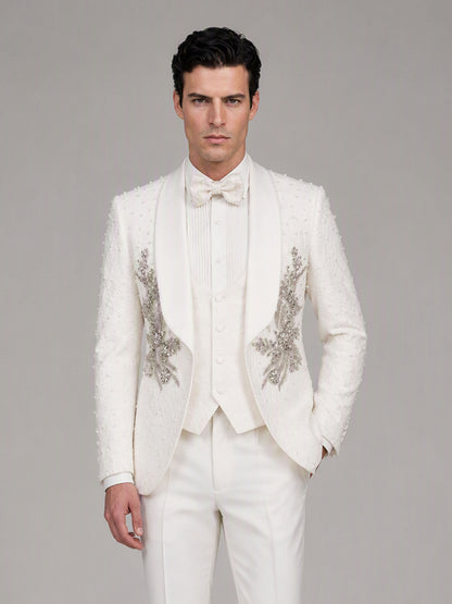 Savile GA0165 Men's Ivory Pearl & Crystal Floral Wedding Tuxedo – Front Close-Up with Crystal Floral Appliqué, Vest & Bow Tie Detail