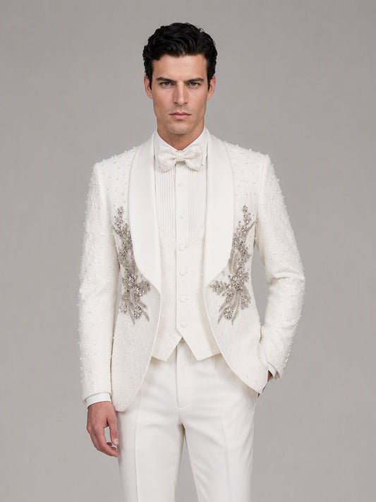 Savile GA0165 Men's Ivory Pearl & Crystal Floral Wedding Tuxedo – Front Close-Up with Crystal Floral Appliqué, Vest & Bow Tie Detail