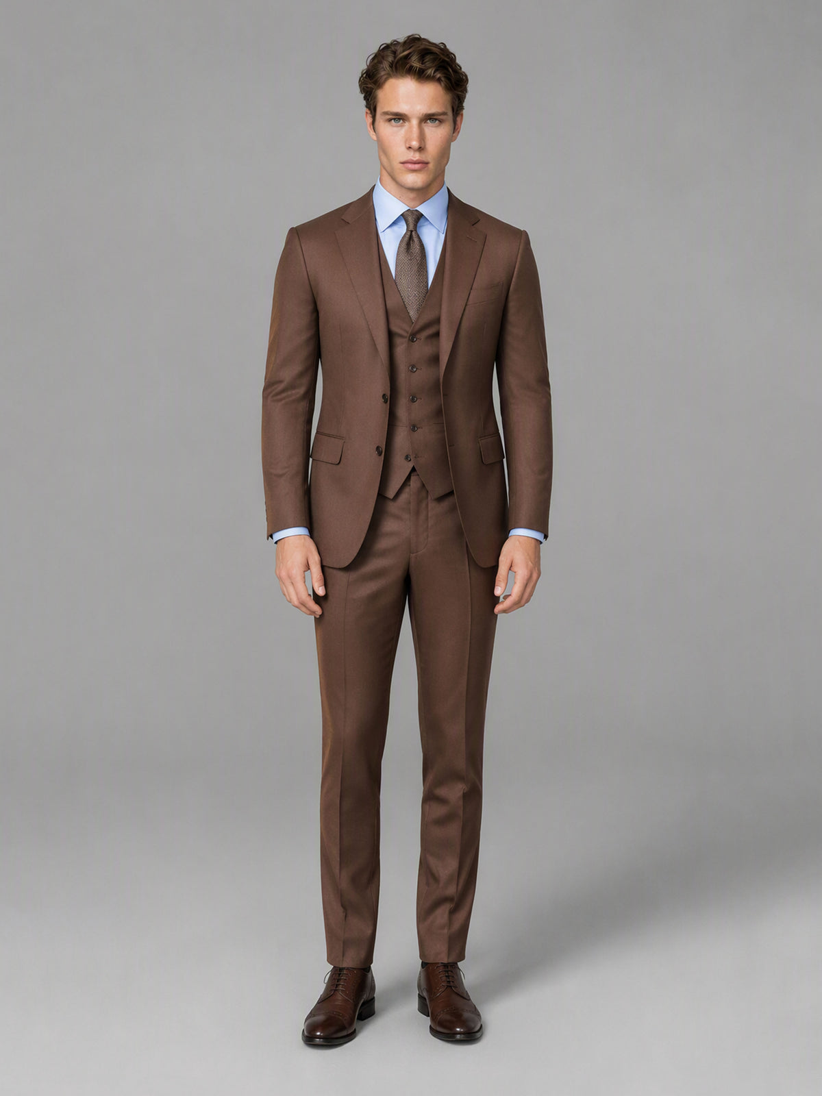 Savile GA0166 Men's Chocolate Brown Wool Blend 3-Piece Suit – Front Close-Up with Vest & Brown Tie Detail