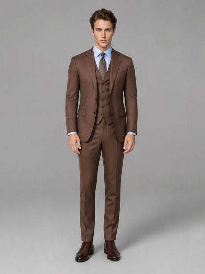 Savile GA0166 Men's Chocolate Brown Wool Blend 3-Piece Suit – Front Close-Up with Vest & Brown Tie Detail