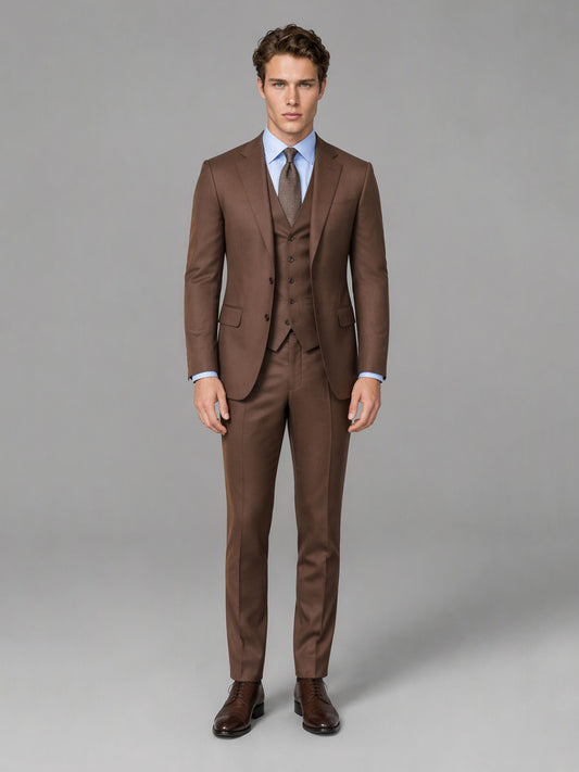 Savile GA0166 Men's Chocolate Brown Wool Blend 3-Piece Suit – Front Close-Up with Vest & Brown Tie Detail