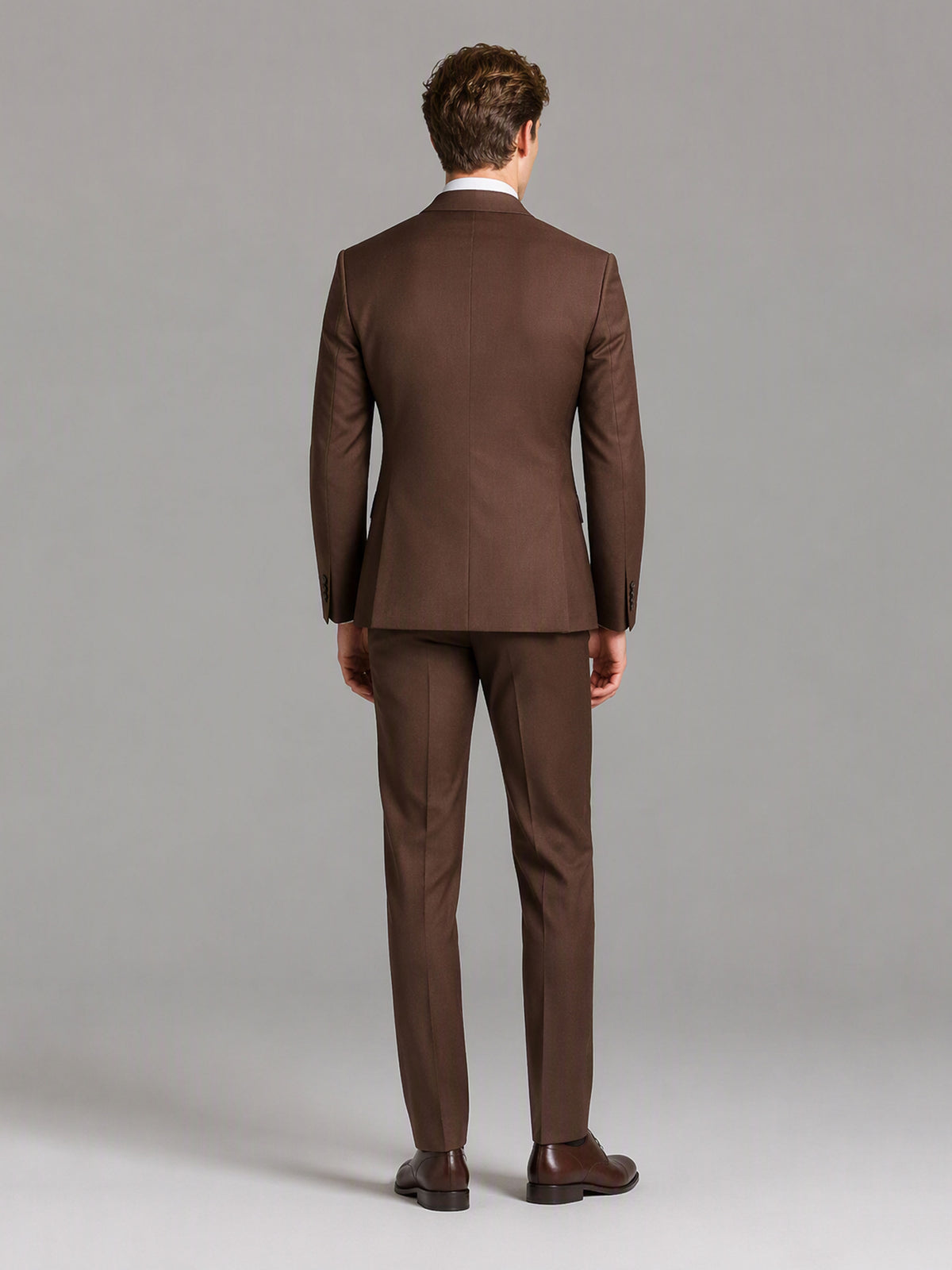 Savile GA0166 Men's Chocolate Brown Wool Blend 3-Piece Suit – Front Full Body View with Brown Tie & Dark Brown Oxford Shoes