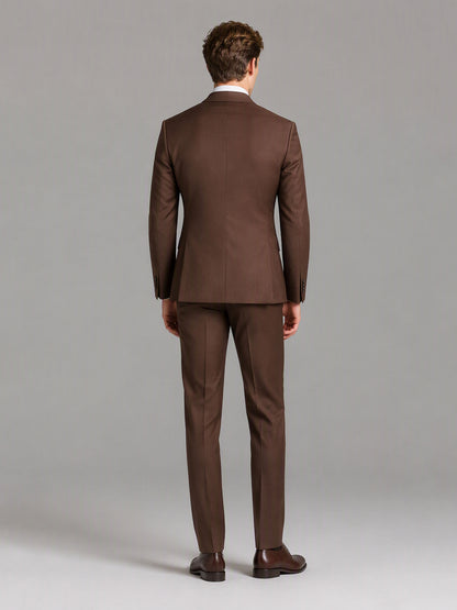 Savile GA0166 Men's Chocolate Brown Wool Blend 3-Piece Suit – Front Full Body View with Brown Tie & Dark Brown Oxford Shoes