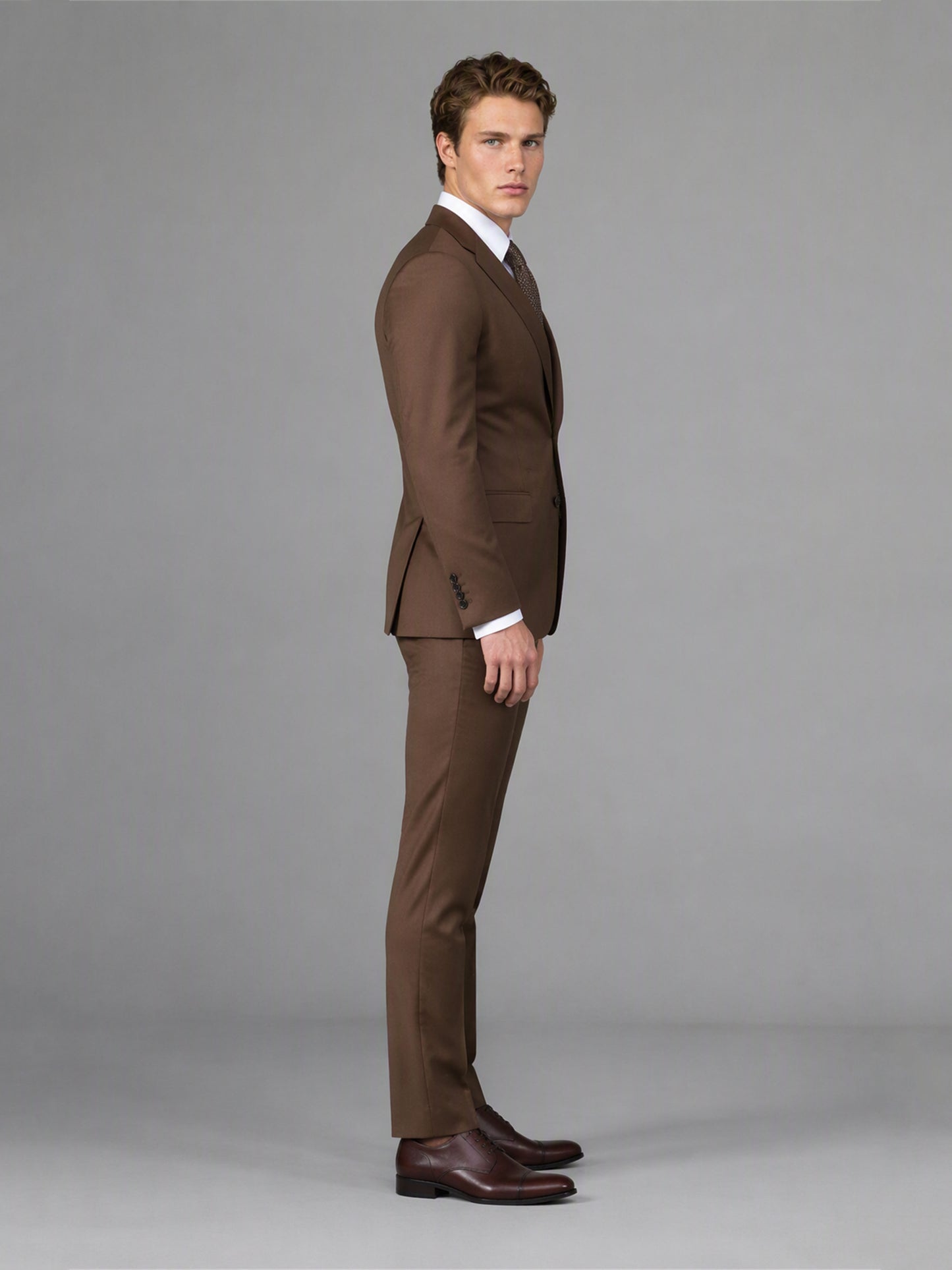 Savile GA0166 Men's Chocolate Brown Wool Blend 3-Piece Suit – Back View with Dark Brown Oxford Shoes