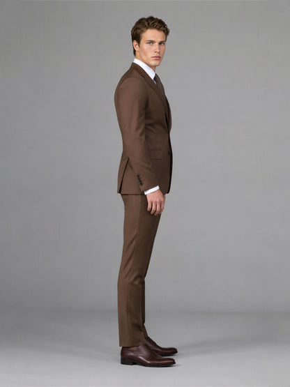 Savile GA0166 Men's Chocolate Brown Wool Blend 3-Piece Suit – Back View with Dark Brown Oxford Shoes