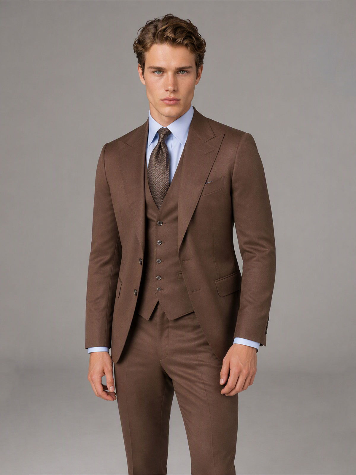 Savile GA0166 Men's Chocolate Brown Wool Blend 3-Piece Suit – Side Profile View with Dark Brown Oxford Shoes