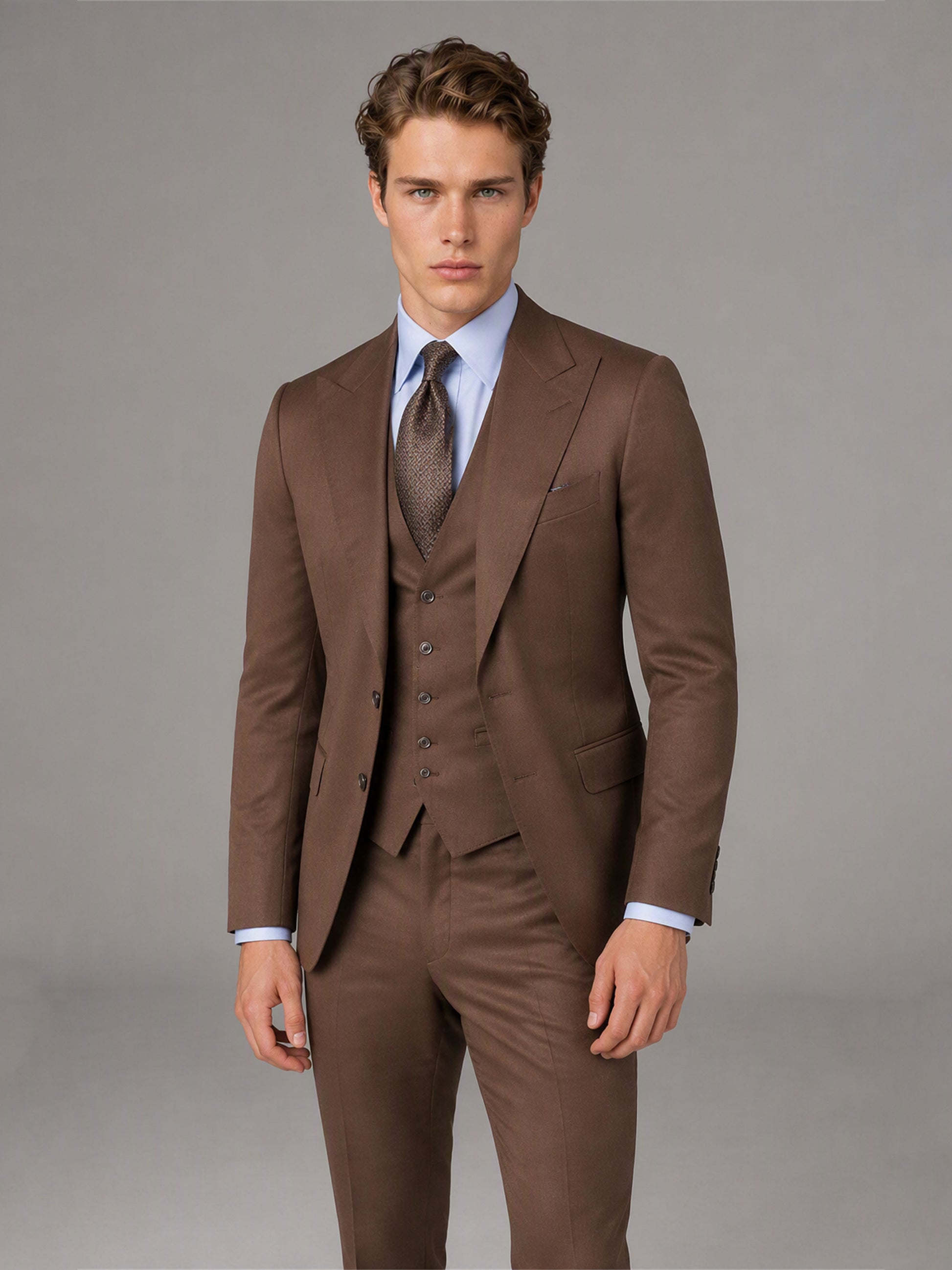 Savile GA0166 Men's Chocolate Brown Wool Blend 3-Piece Suit – Side Profile View with Dark Brown Oxford Shoes