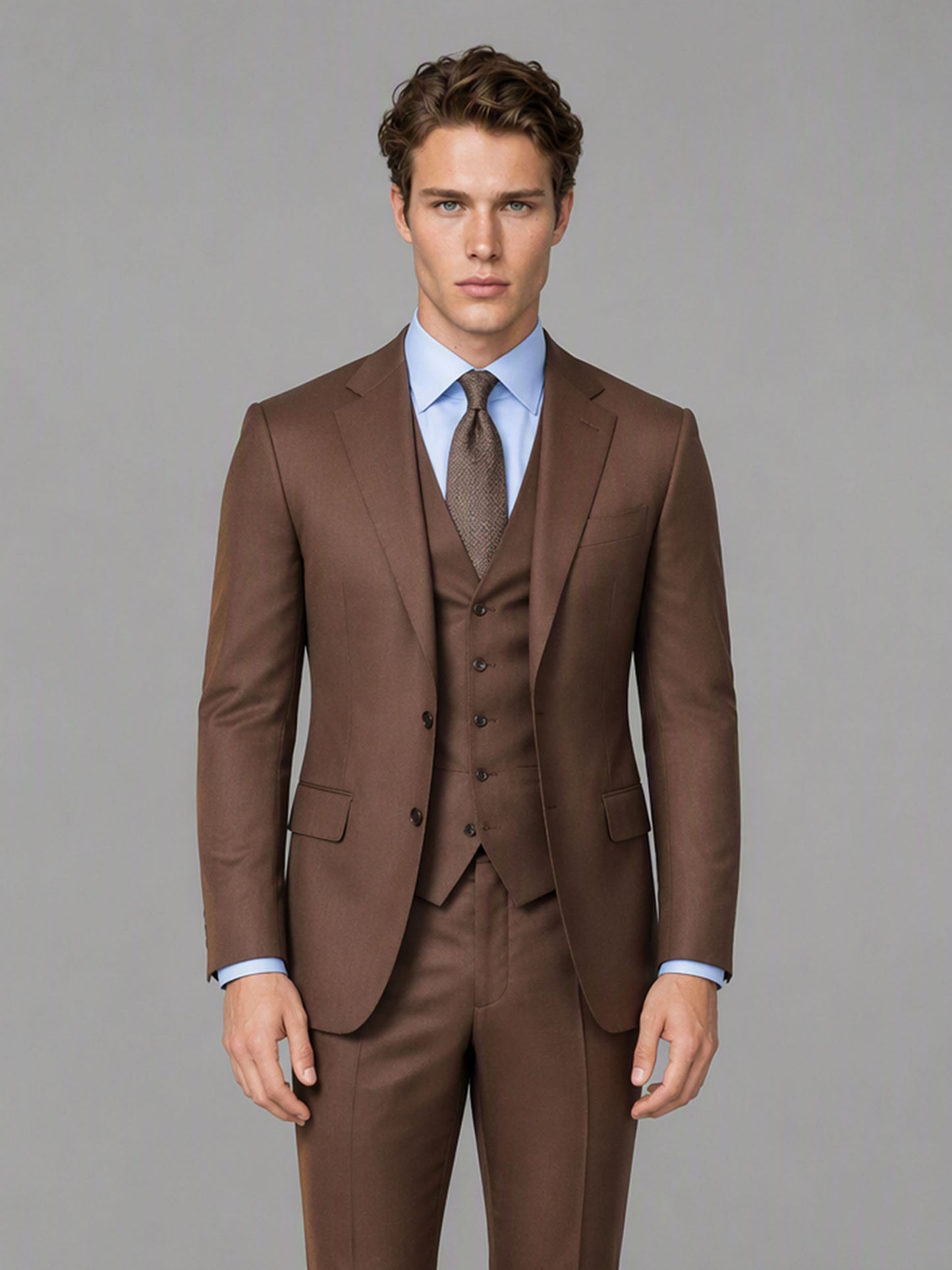 Savile GA0166 Men's Chocolate Brown Wool Blend 3-Piece Suit – Front Full Body View with Vest & Brown Tie, Hands at Sides