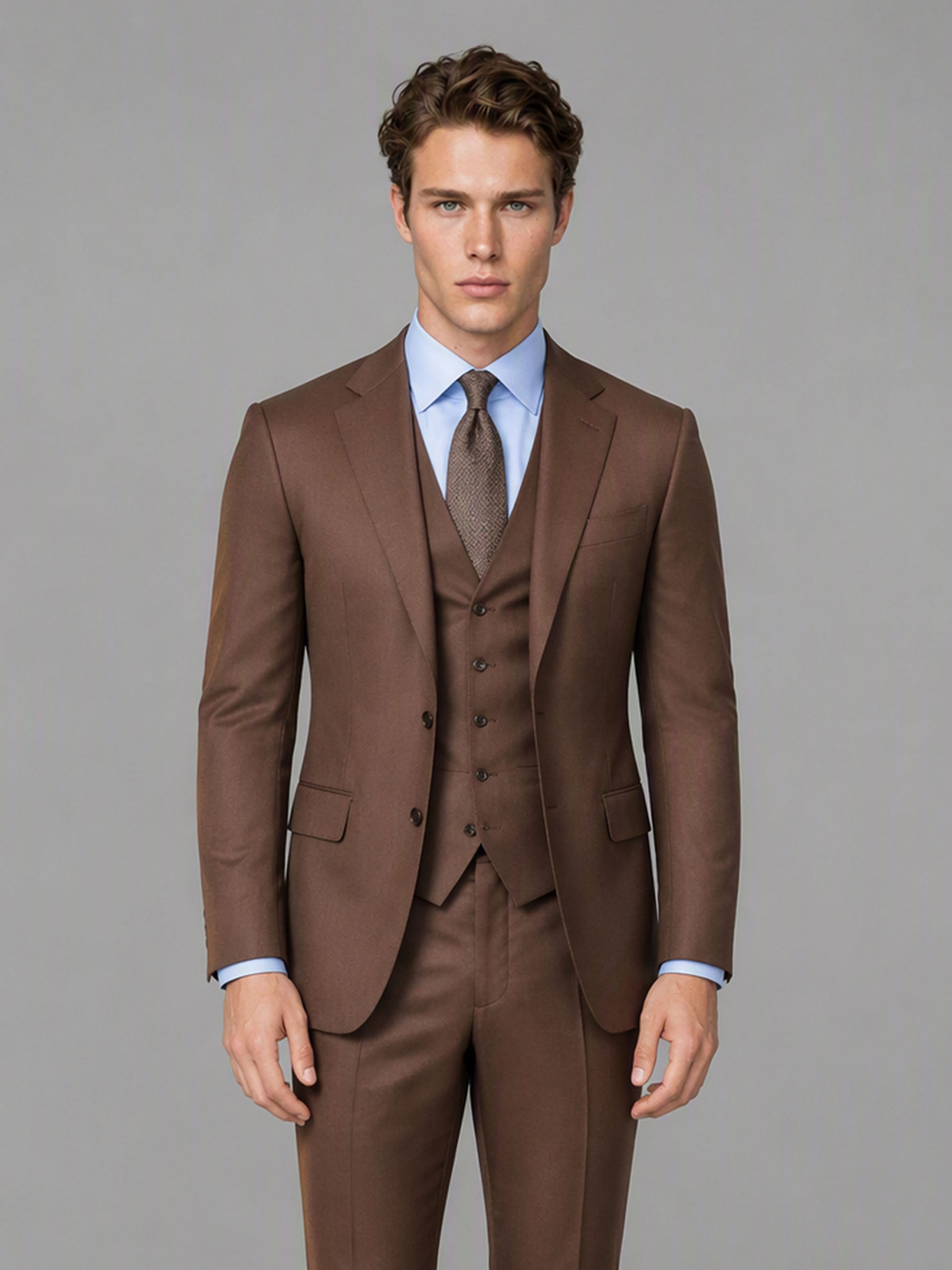 Savile GA0166 Men's Chocolate Brown Wool Blend 3-Piece Suit – Front Full Body View with Vest & Brown Tie, Hands at Sides