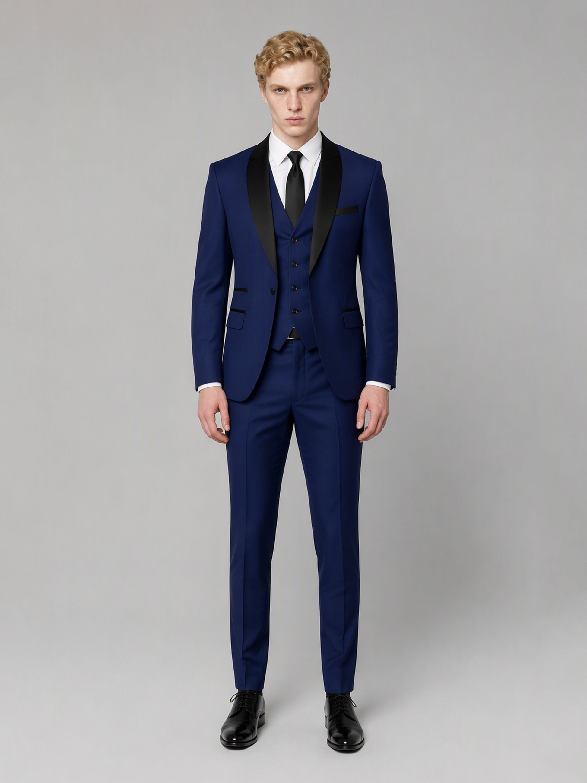 Savile GA0167 Men's Royal Blue Black Satin Shawl Lapel Tuxedo – Front Close-Up with Vest, Black Tie & Shawl Lapel Detail