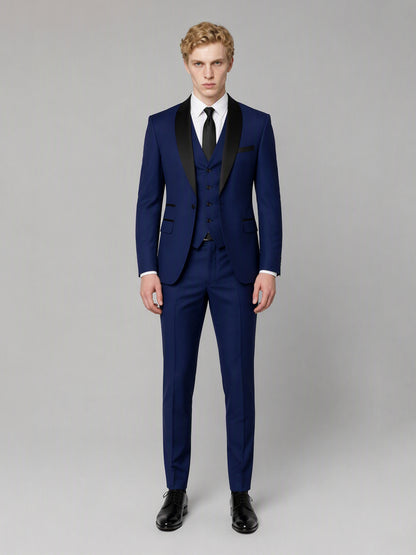 Savile GA0167 Men's Royal Blue Black Satin Shawl Lapel Tuxedo – Front Close-Up with Vest, Black Tie & Shawl Lapel Detail