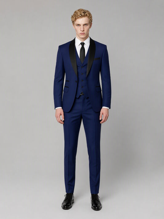 Savile GA0167 Men's Royal Blue Black Satin Shawl Lapel Tuxedo – Front Close-Up with Vest, Black Tie & Shawl Lapel Detail