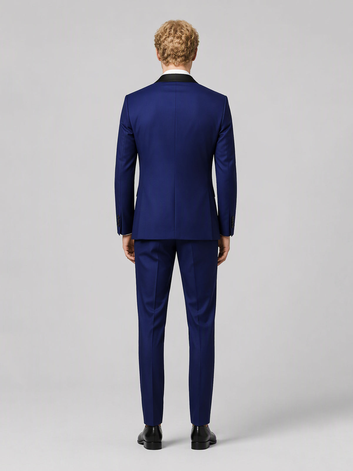 Savile GA0167 Men's Royal Blue Black Satin Shawl Lapel Tuxedo – Front Full Body View with Black Tie & Black Oxford Shoes