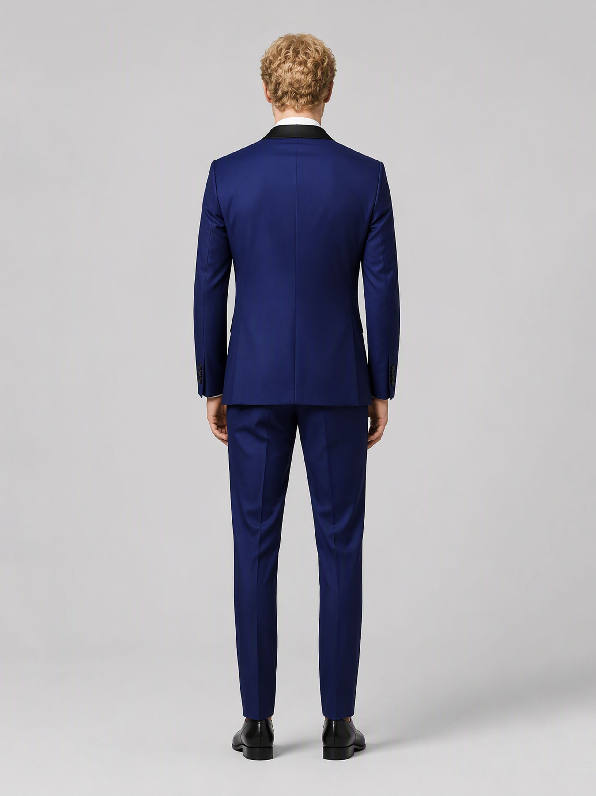 Savile GA0167 Men's Royal Blue Black Satin Shawl Lapel Tuxedo – Front Full Body View with Black Tie & Black Oxford Shoes