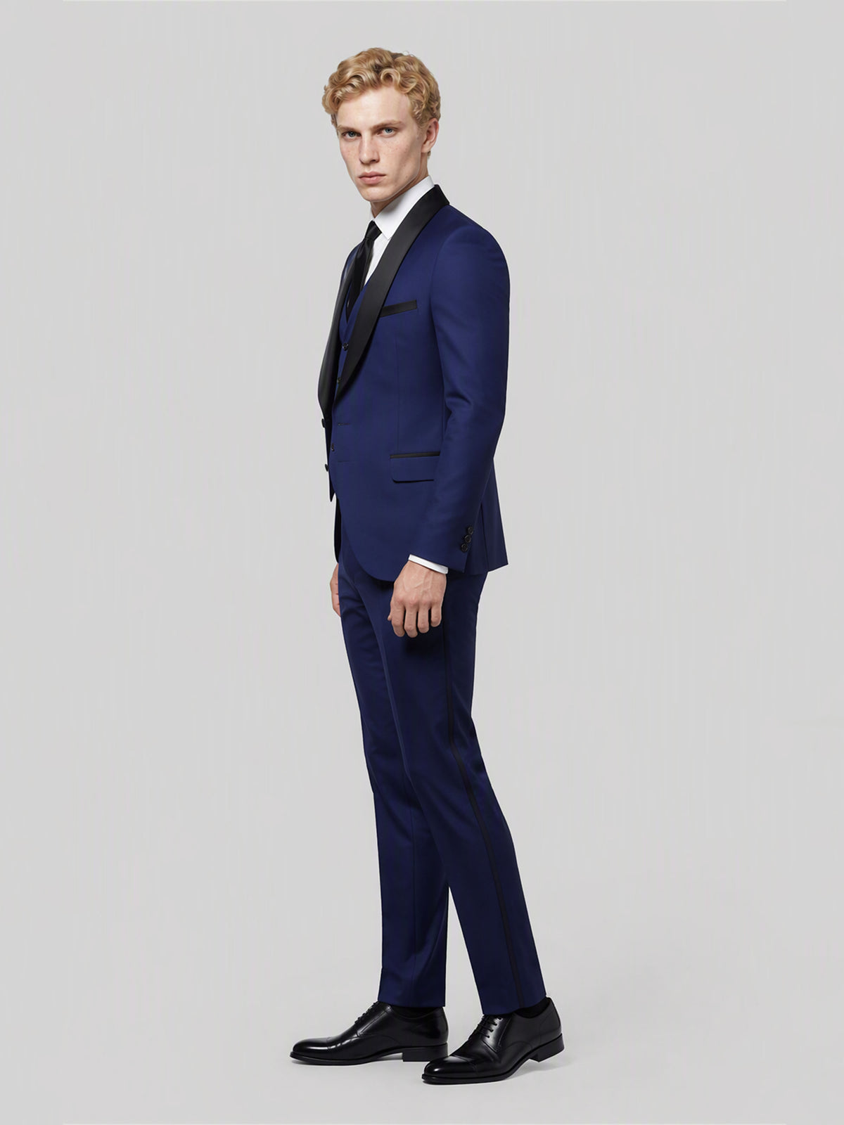 Savile GA0167 Men's Royal Blue Black Satin Shawl Lapel Tuxedo – Back View with Black Oxford Shoes