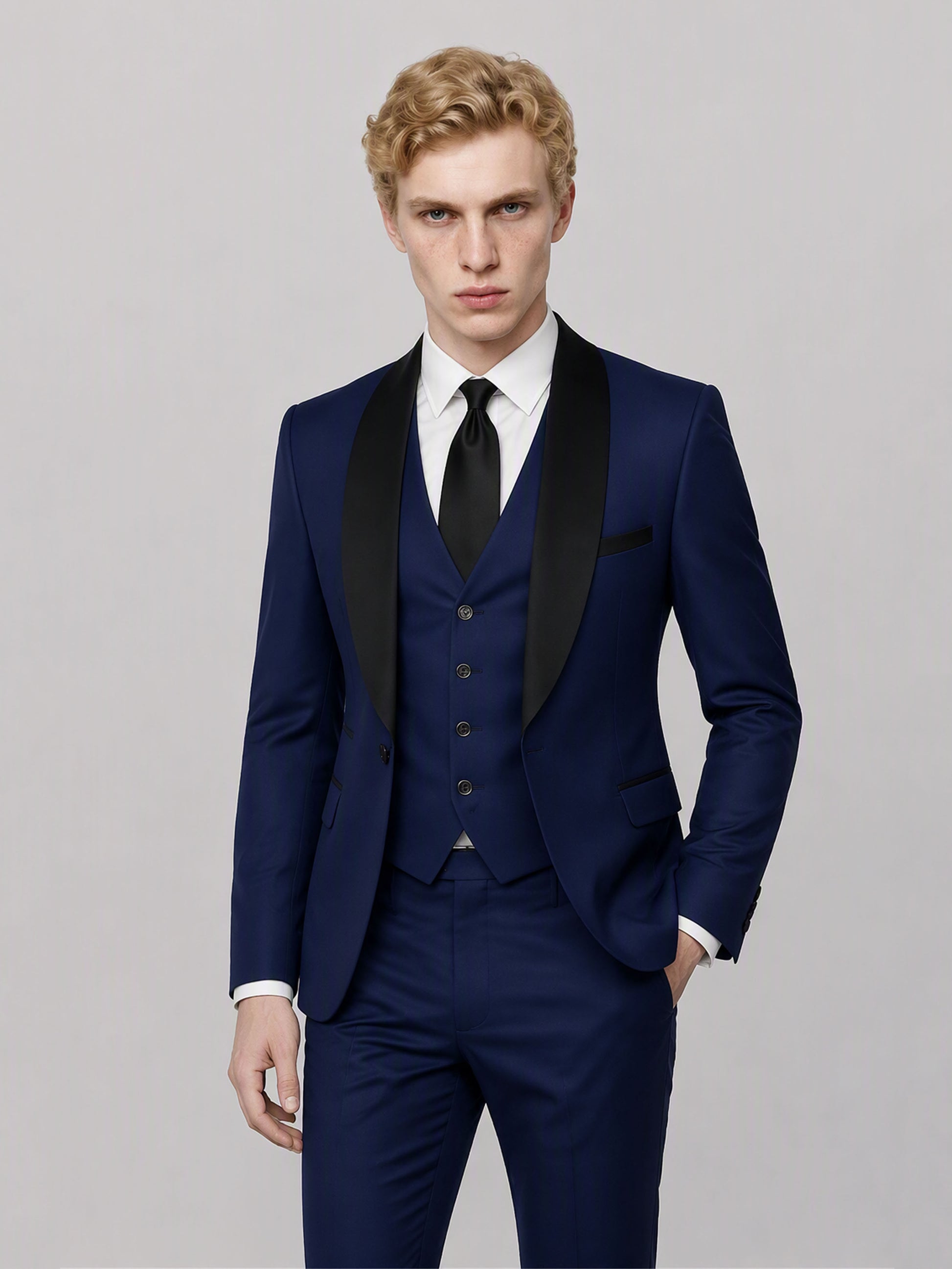 Savile GA0167 Men's Royal Blue Black Satin Shawl Lapel Tuxedo – Side Profile View with Black Oxford Shoes