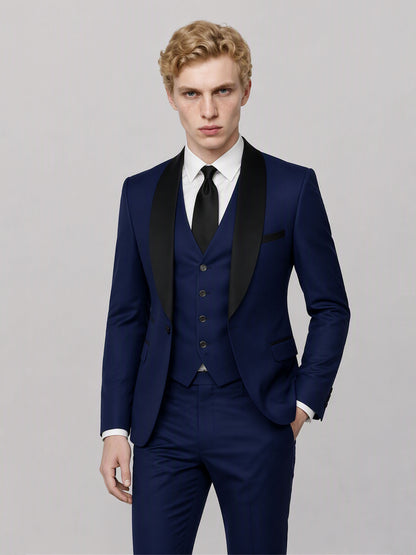 Savile GA0167 Men's Royal Blue Black Satin Shawl Lapel Tuxedo – Side Profile View with Black Oxford Shoes