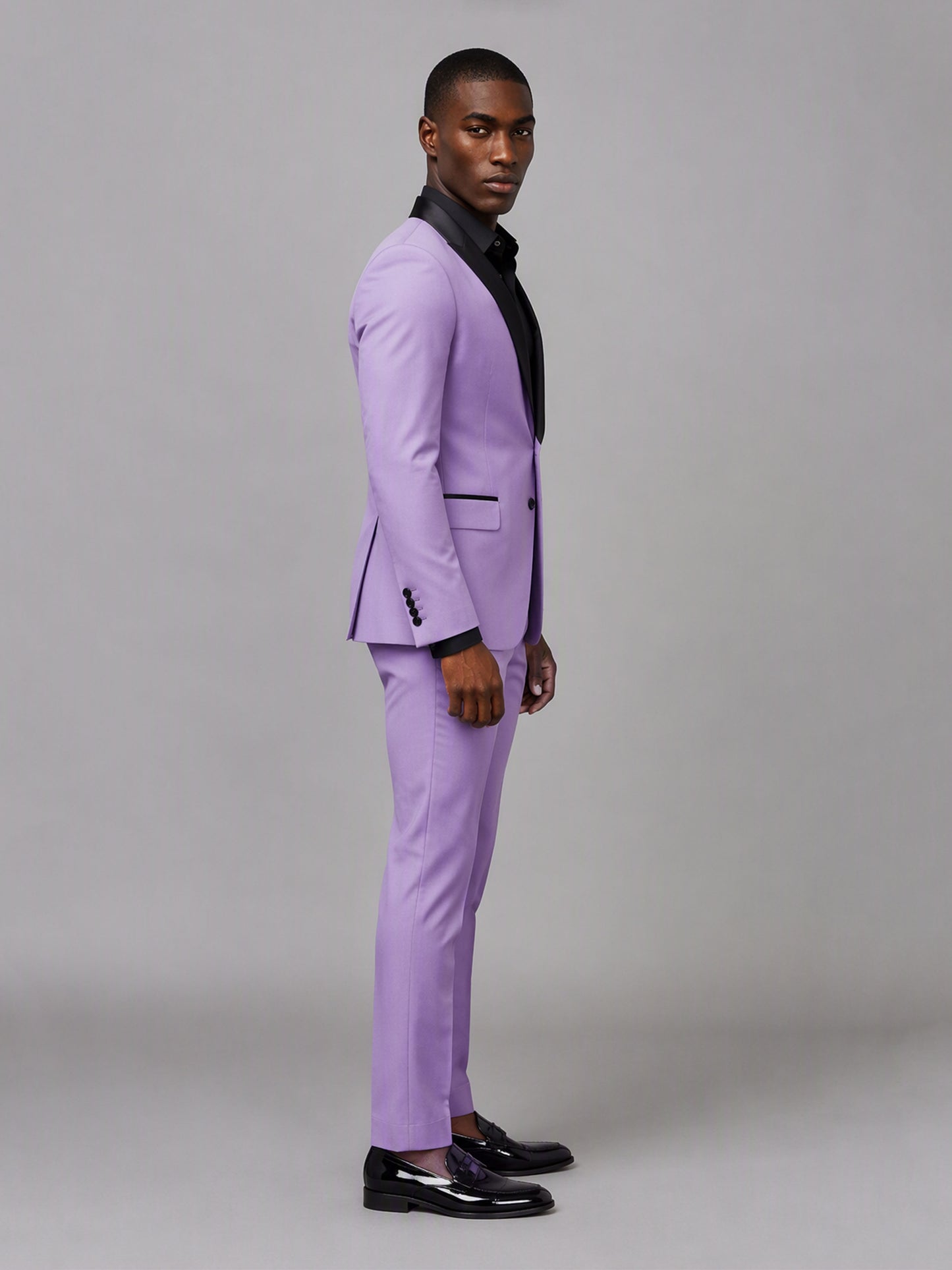 Savile GA0168 Men's Lavender Black Satin Shawl Lapel Tuxedo – Front Close-Up with Black Satin Lapel & Pocket Square Detail