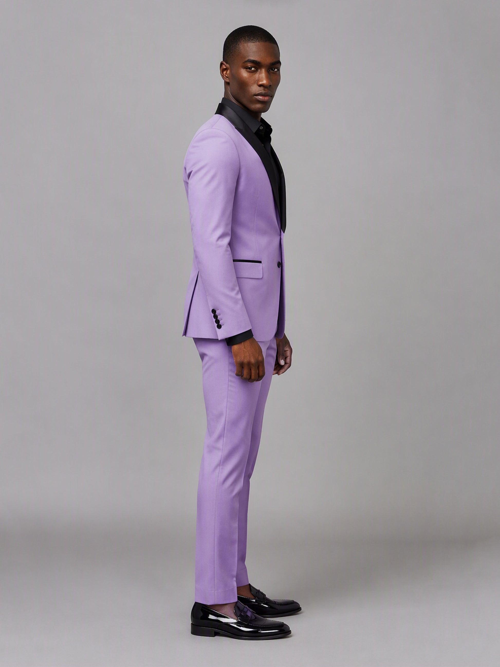 Savile GA0168 Men's Lavender Black Satin Shawl Lapel Tuxedo – Front Close-Up with Black Satin Lapel & Pocket Square Detail