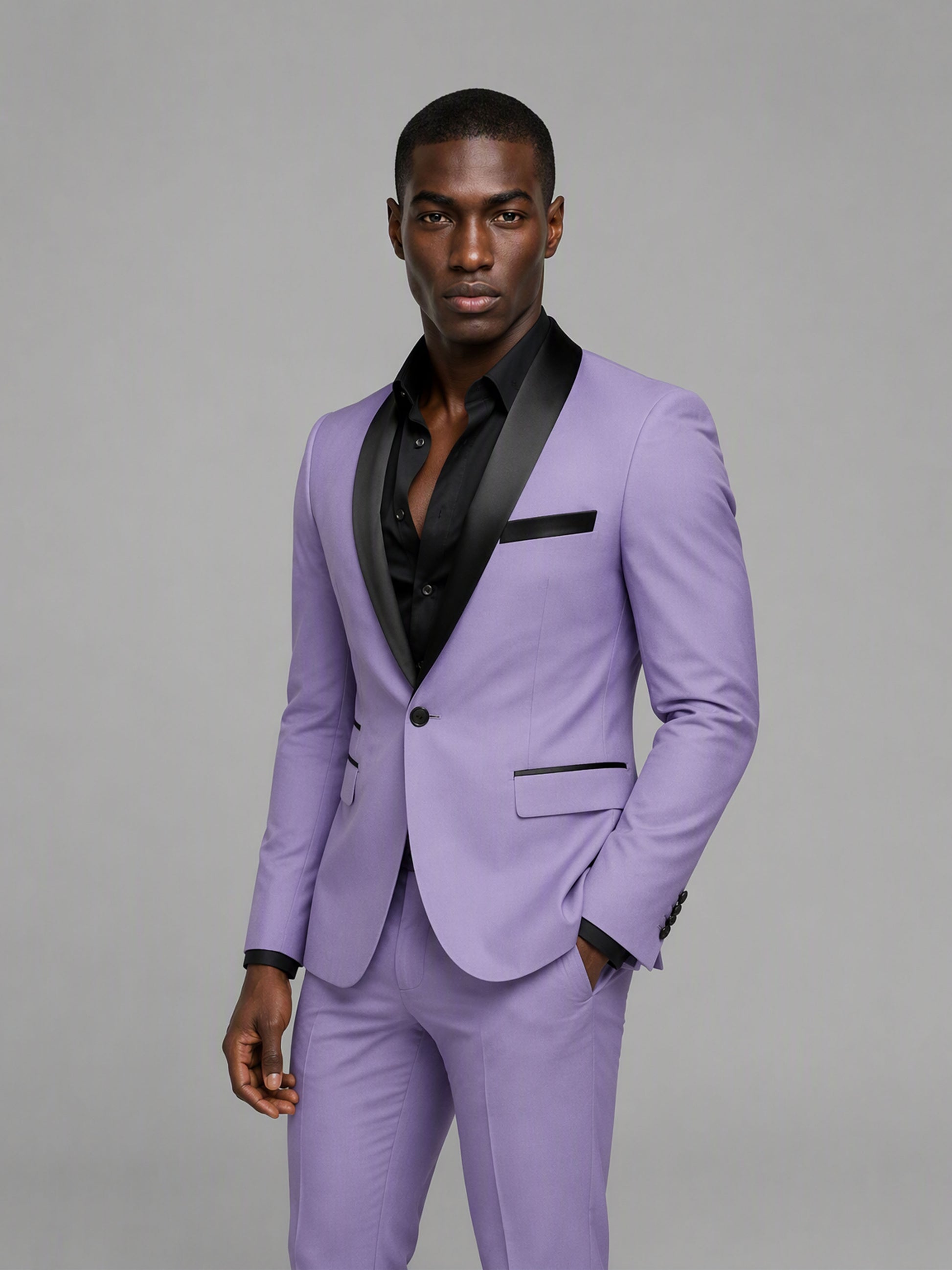 Savile GA0168 Men's Lavender Black Satin Shawl Lapel Tuxedo – Side Profile View with Black Patent Loafers