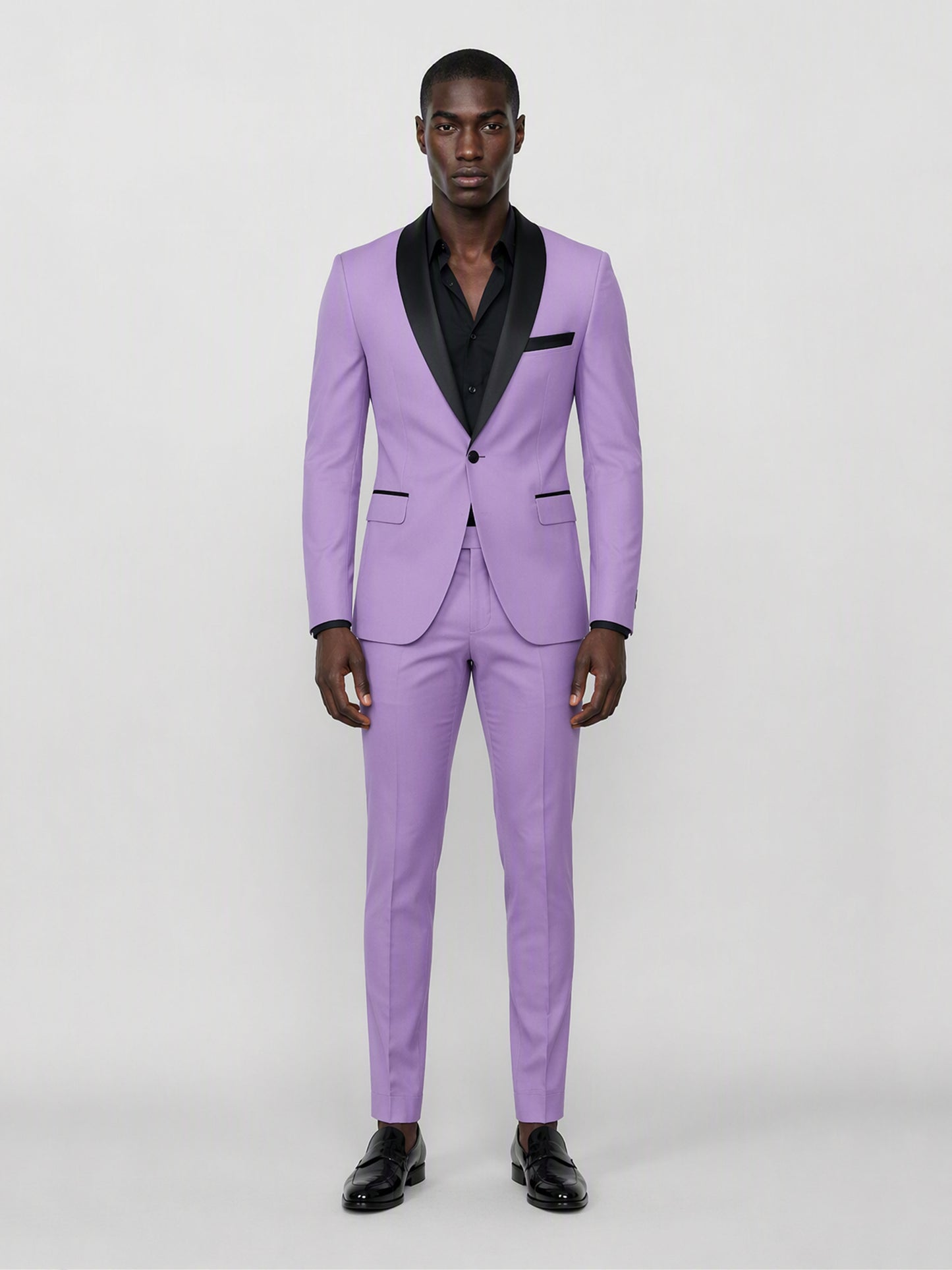 Savile GA0168 Men's Lavender Black Satin Shawl Lapel Tuxedo – 3/4 Angle Front View with Hand in Pocket