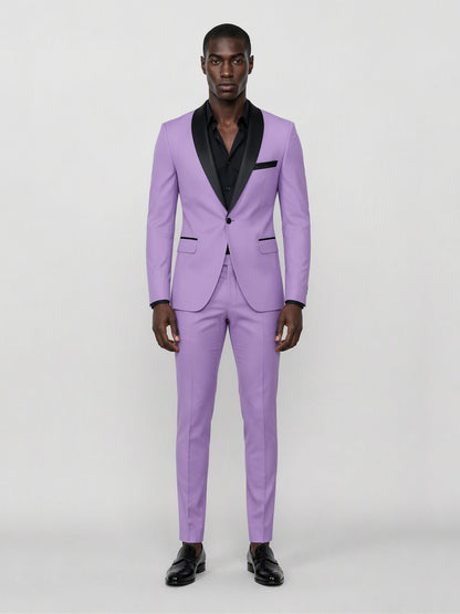 Savile GA0168 Men's Lavender Black Satin Shawl Lapel Tuxedo – 3/4 Angle Front View with Hand in Pocket