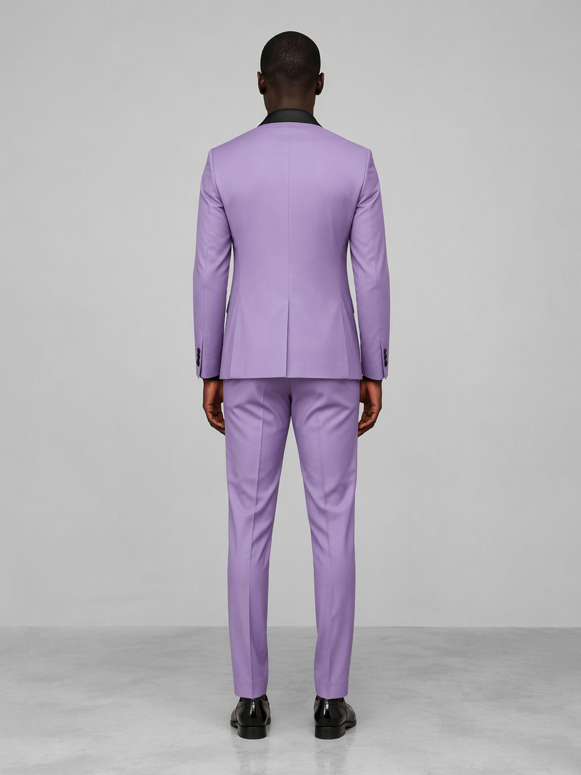 Savile GA0168 Men's Lavender Black Satin Shawl Lapel Tuxedo – Front Full Body View with Black Shirt & Black Patent Loafers