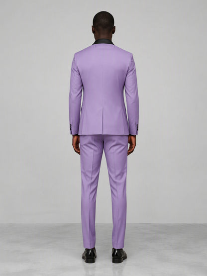 Savile GA0168 Men's Lavender Black Satin Shawl Lapel Tuxedo – Front Full Body View with Black Shirt & Black Patent Loafers