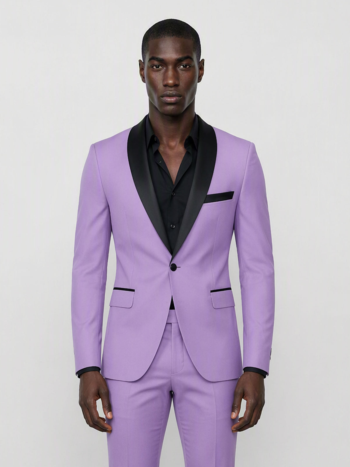Savile GA0168 Men's Lavender Black Satin Shawl Lapel Tuxedo – Back View with Black Patent Loafers