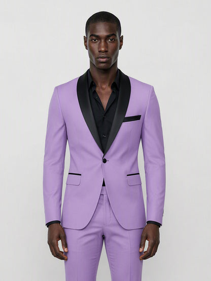 Savile GA0168 Men's Lavender Black Satin Shawl Lapel Tuxedo – Back View with Black Patent Loafers